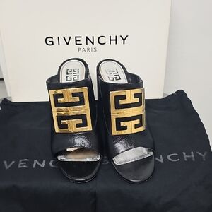 Givenchy Black Leather Open-Toe Mules with Gold Logo Plaque